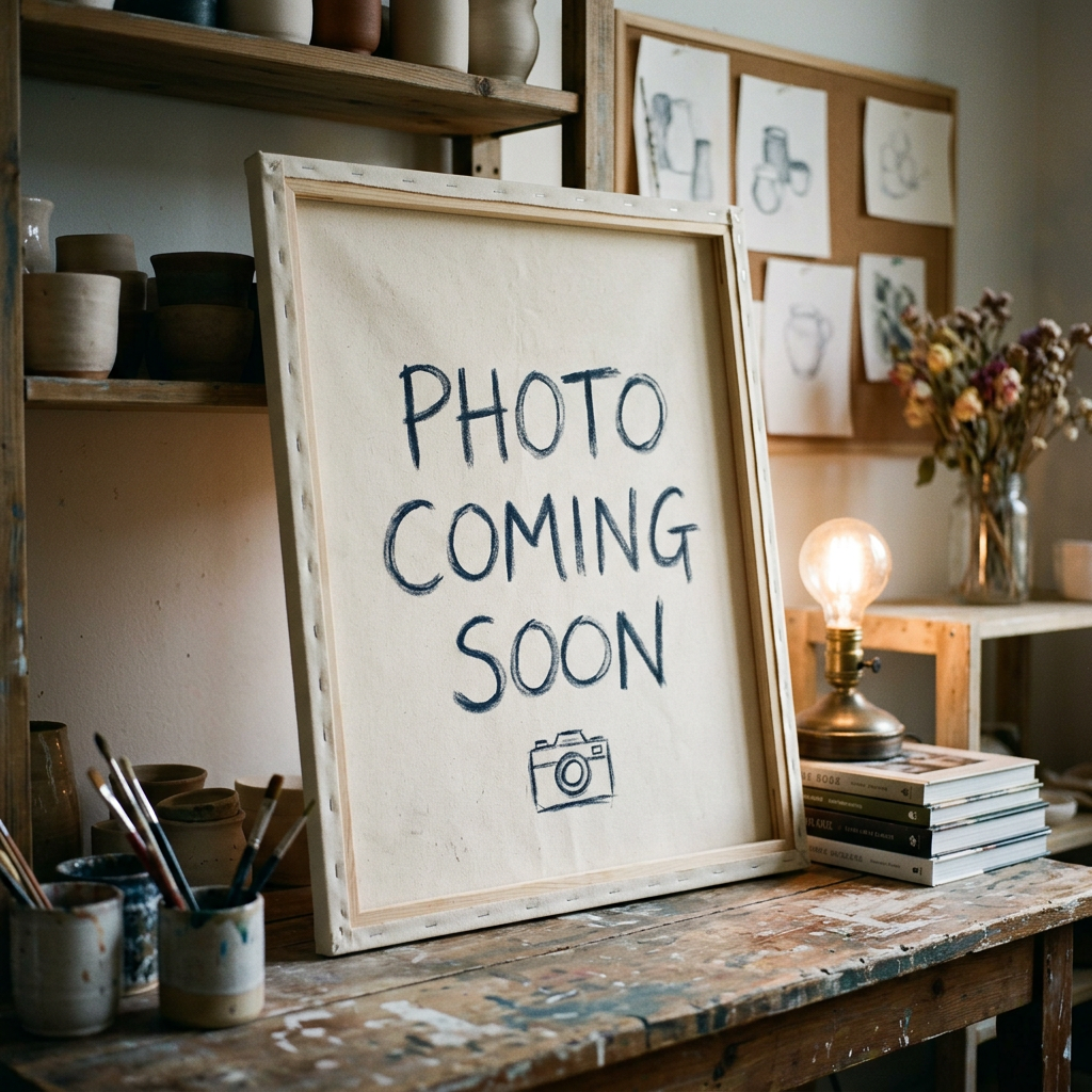 Framed sign reading “PHOTO COMING SOON” with a camera drawing
